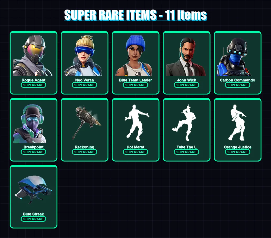 [PC/XBOX] | Rogue Agent | Neo Versa | Blue Team Leader | John Wick | Carbon Commando | 112 skin | 124 pickaxe | 114 emote | 113 glider | Lv1699