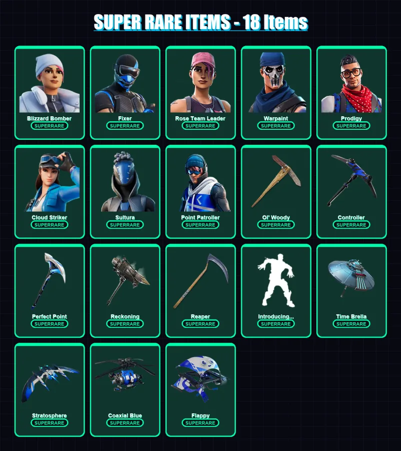 [PC] | Blizzard Bomber | Fixer | Rose Team Leader | Warpaint | Prodigy | 138 skin | 165 pickaxe | 119 emote | 138 glider | Lv1661