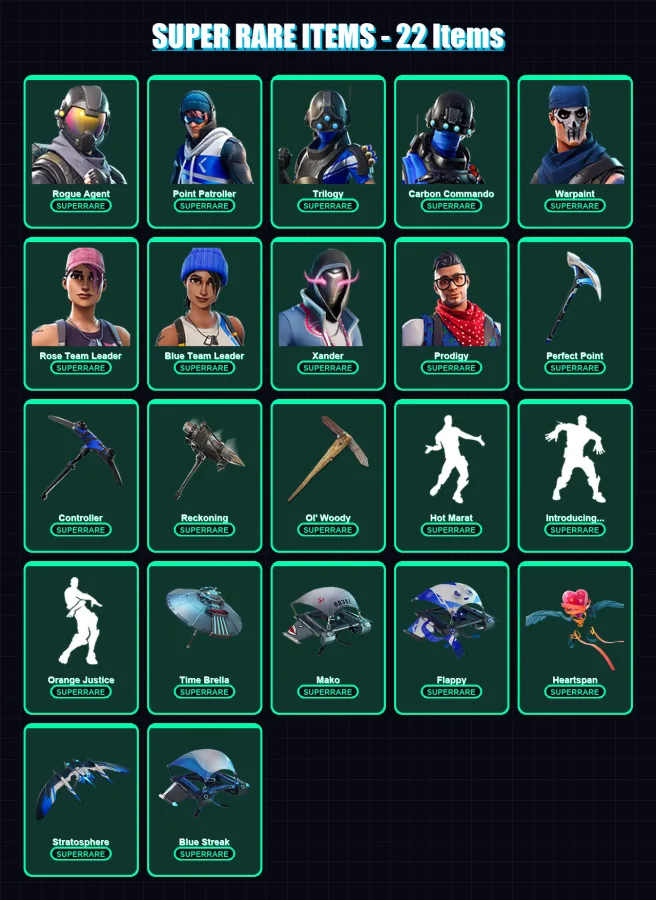 [PC/XBOX] | Rogue Agent | Point Patroller | Trilogy | Carbon Commando | Warpaint | 137 skin | 120 pickaxe | 122 emote | 126 glider | Lv1571