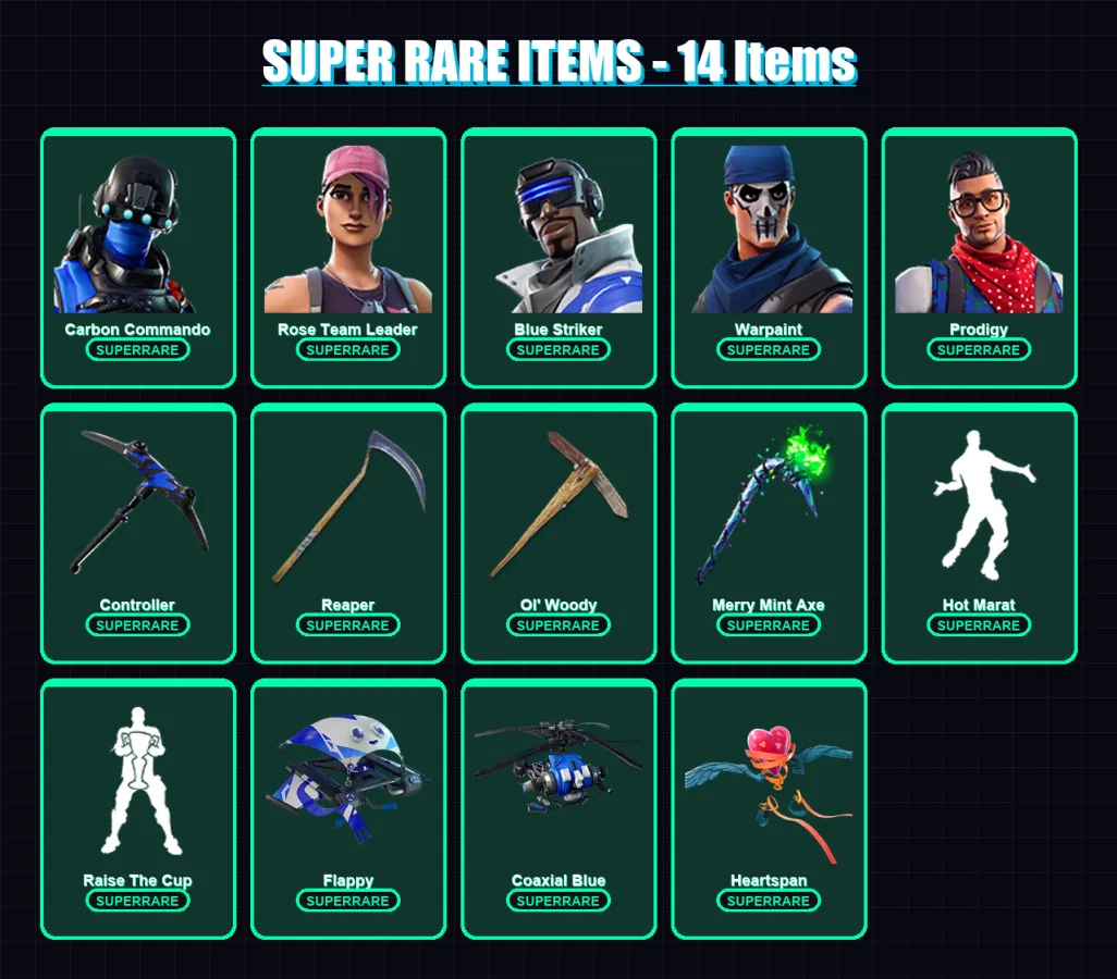[PC/XBOX] | Carbon Commando | Rose Team Leader | Blue Striker | Warpaint | Prodigy | 42 skin | 52 pickaxe | 63 emote | 56 glider | Lv548
