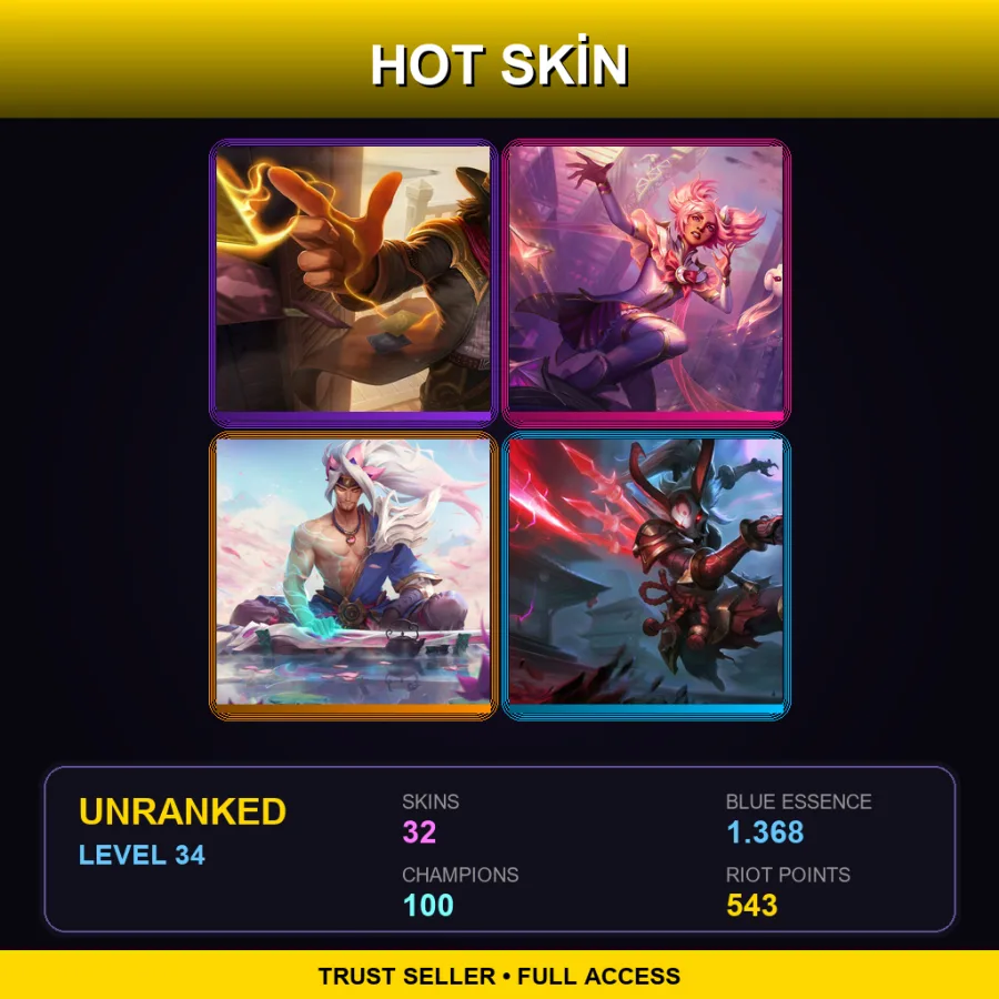 NA | Lv34 | Unranked | 32 Skin | 100 Champ
