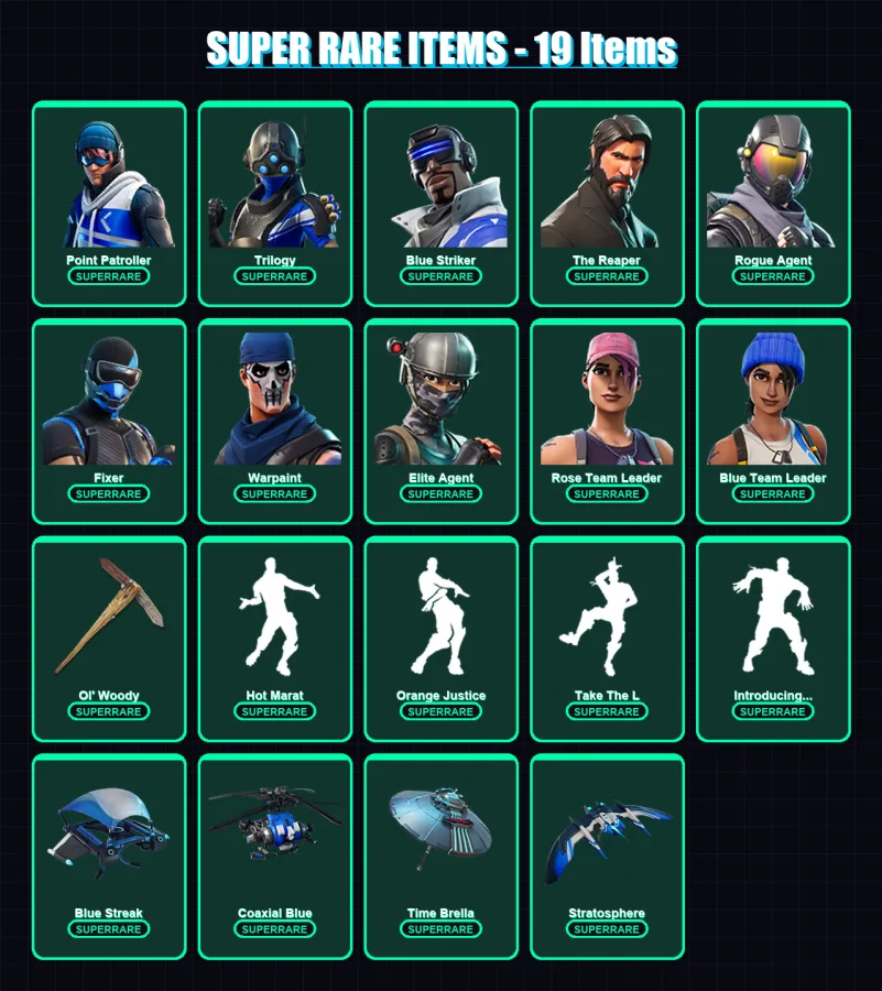 [PS4/PS5/XBOX/PC] | Point Patroller | Trilogy | Blue Striker | The Reaper | Rogue Agent | 81 skin | 102 pickaxe | 110 emote | 93 glider | Lv1624