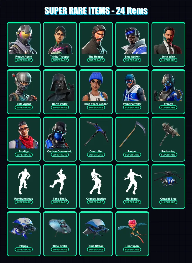 [PC/XBOX] | Rogue Agent | Trinity Trooper | The Reaper | Blue Striker | John Wick | 372 skin | 345 pickaxe | 322 emote | 280 glider | Lv5095