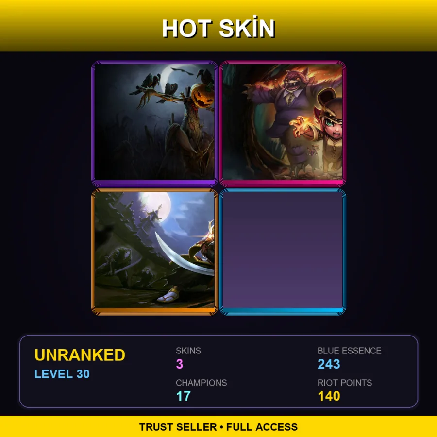 NA | Pumpkinhead Fiddlesticks | Reverse Annie | Samurai Yi | 3 Skin | 17 Champ | Lv30 — LoL account