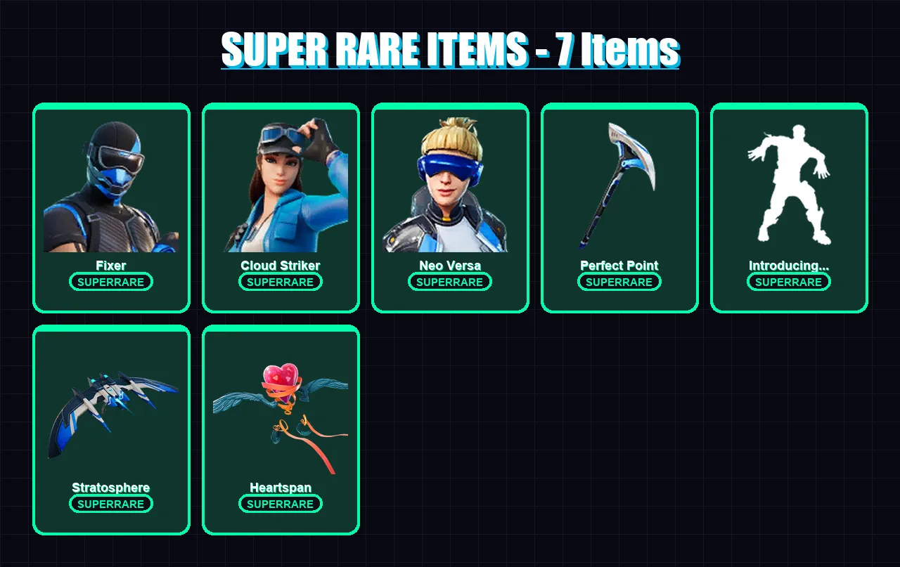 [PS4/PS5/XBOX/PC] | Fixer | Cloud Striker | Neo Versa | Sentinel | Hybrid | 40 skin | 46 pickaxe | 62 emote | 47 glider | Lv727