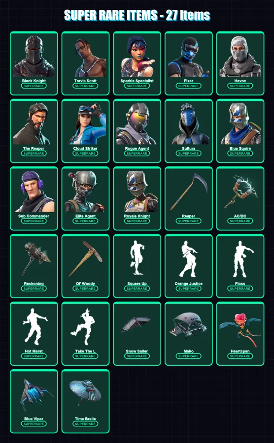 [PC] | Black Knight | Travis Scott | Sparkle Specialist | Fixer | Havoc | 92 skin | 80 pickaxe | 76 emote | 74 glider | Lv1063 — Fortnite account