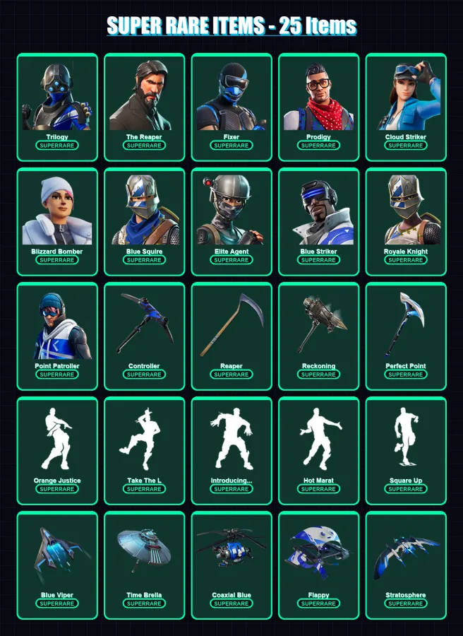 [PS4/PS5/PC] | Trilogy | The Reaper | Fixer | Prodigy | Cloud Striker | 48 skin | 56 pickaxe | 71 emote | 60 glider | Lv1090