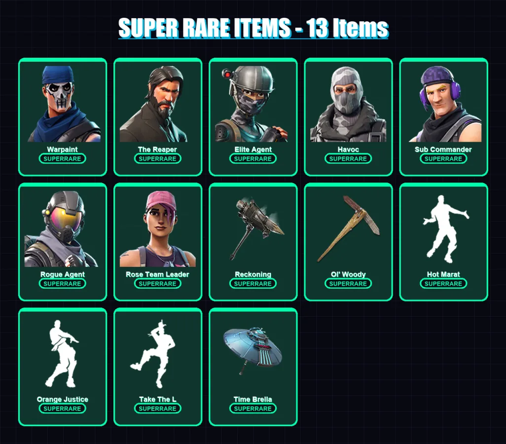 [PC/XBOX] | Warpaint | The Reaper | Elite Agent | Havoc | Sub Commander | 123 skin | 151 pickaxe | 155 emote | 144 glider | Lv2381