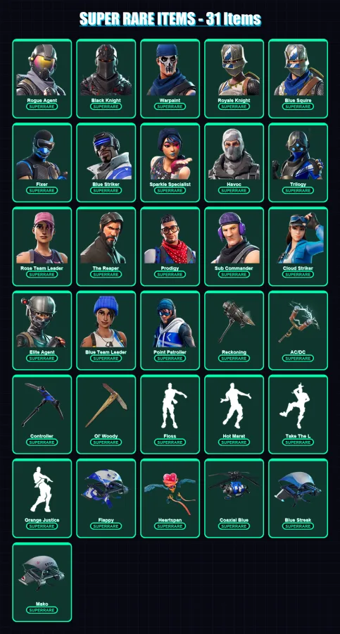 [PC/XBOX/PSN] | Rogue Agent | Black Knight | Warpaint | Royale Knight | Blue Squire | 90 skin | 85 pickaxe | 72 emote | 77 glider | Lv1130