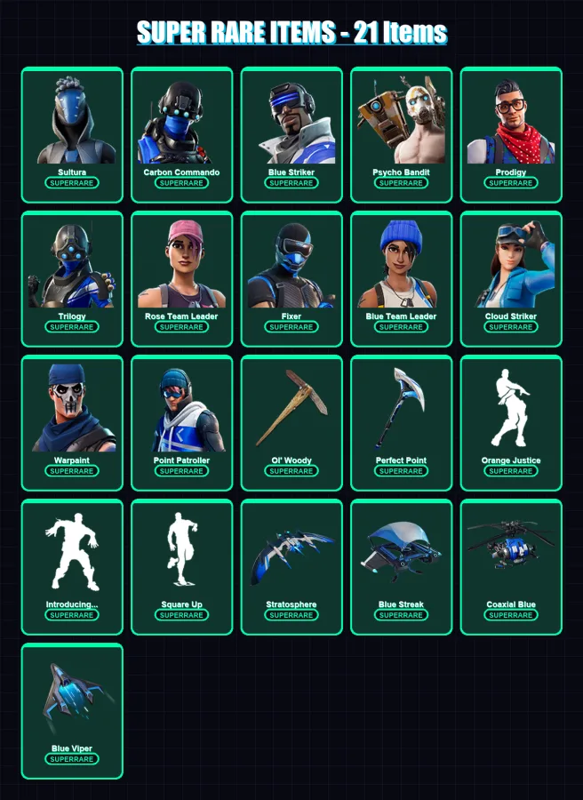 [PC/XBOX] | Sultura | Carbon Commando | Blue Striker | Psycho Bandit | Prodigy | 92 skin | 99 pickaxe | 106 emote | 100 glider | Lv1258 — Fortnite account