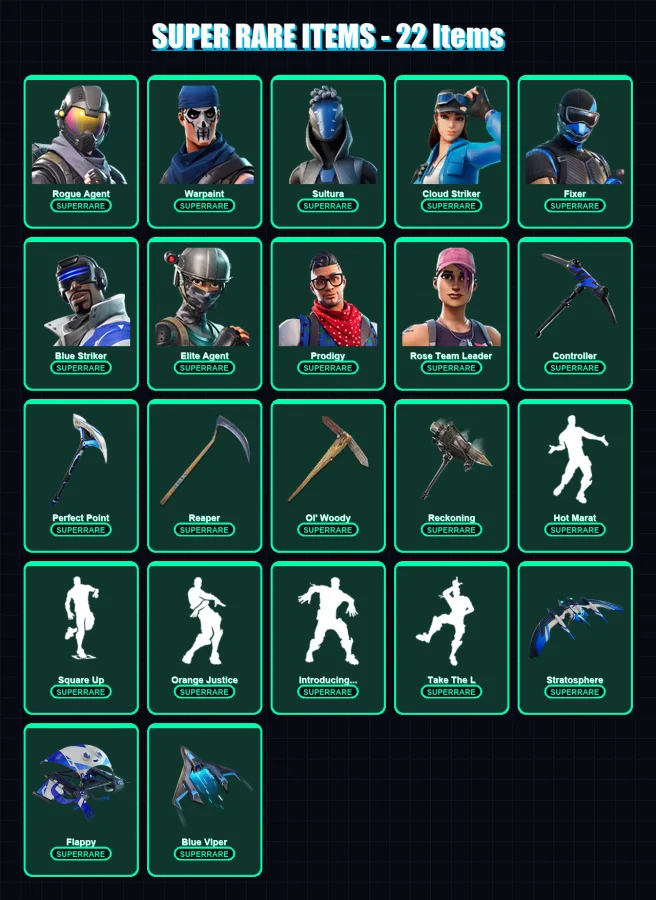 [PS4/PS5/XBOX/PC] | Rogue Agent | Warpaint | Sultura | Cloud Striker | Fixer | 94 skin | 109 pickaxe | 103 emote | 94 glider | Lv1490