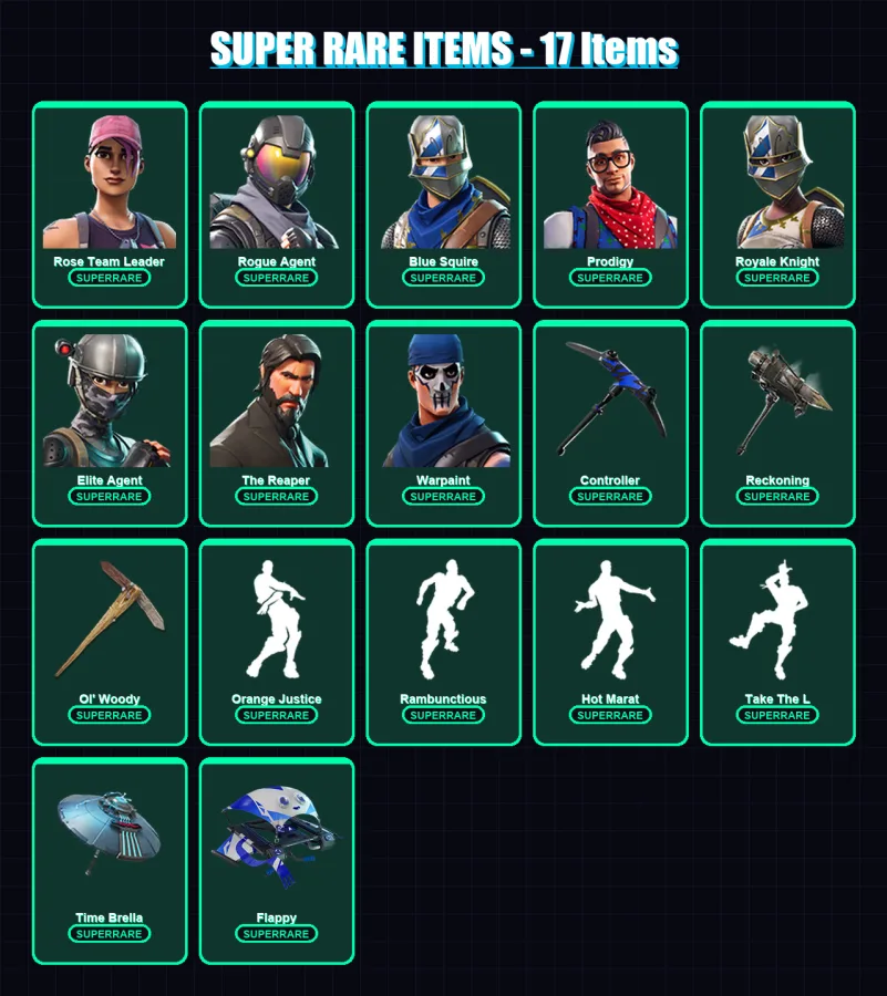 [PS4/PS5/XBOX/PC] | Rose Team Leader | Rogue Agent | Blue Squire | Prodigy | Royale Knight | 128 skin | 129 pickaxe | 95 emote | 110 glider | Lv1390