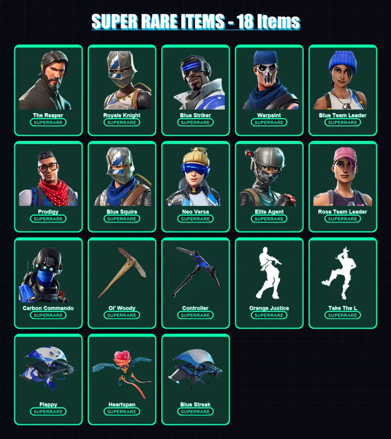 [PS4/PS5/XBOX/PC] | The Reaper | Royale Knight | Blue Striker | Warpaint | Blue Team Leader | 130 skin | 124 pickaxe | 145 emote | 115 glider | Lv15