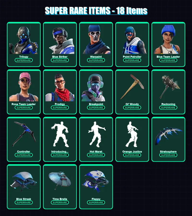 [PC] | Trilogy | Blue Striker | Warpaint | Point Patroller | Blue Team Leader | 138 skin | 98 pickaxe | 130 emote | 94 glider | Lv1159 — Fortnite account