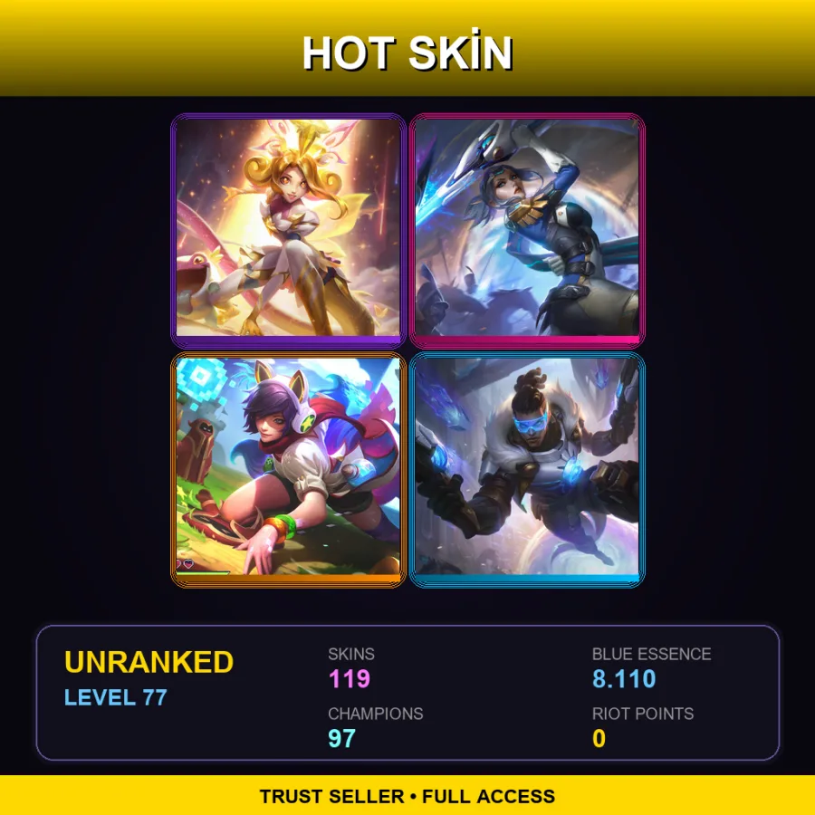 EUW | Lv77 | Unranked | 119 Skin | 97 Champ — LoL account