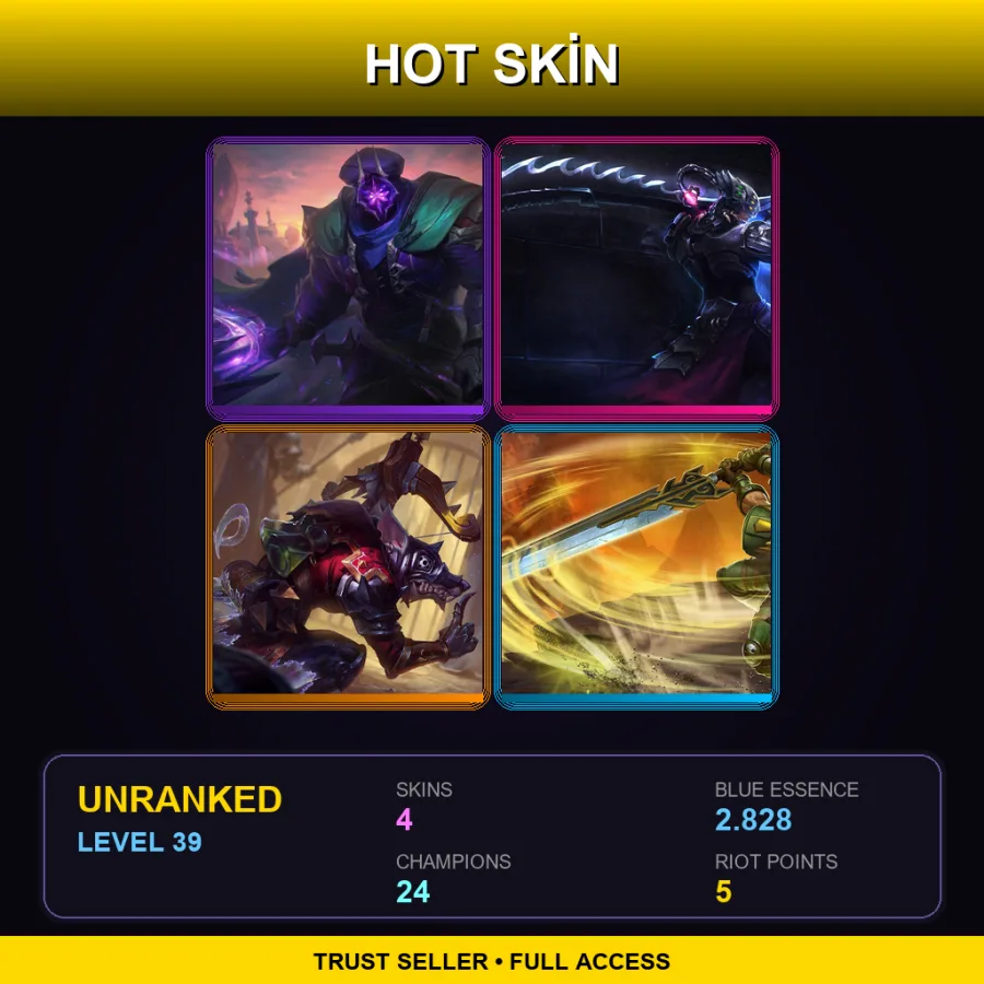 EUW | Nemesis Jax | Headhunter Master Yi | Medieval Twitch | Commando Garen | 4 Skin | 24 Champ | Lv39