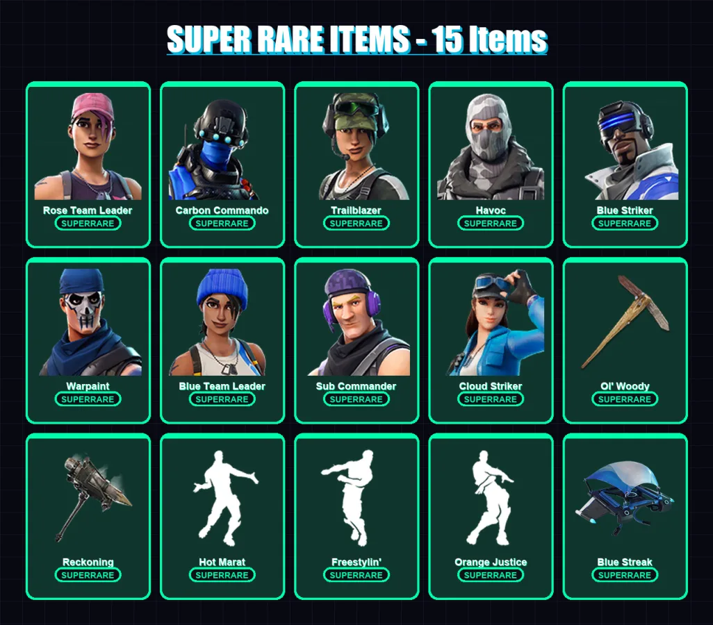 [PC/PSN] | Rose Team Leader | Carbon Commando | Trailblazer | Havoc | Blue Striker | 57 skin | 56 pickaxe | 58 emote | 57 glider | Lv844