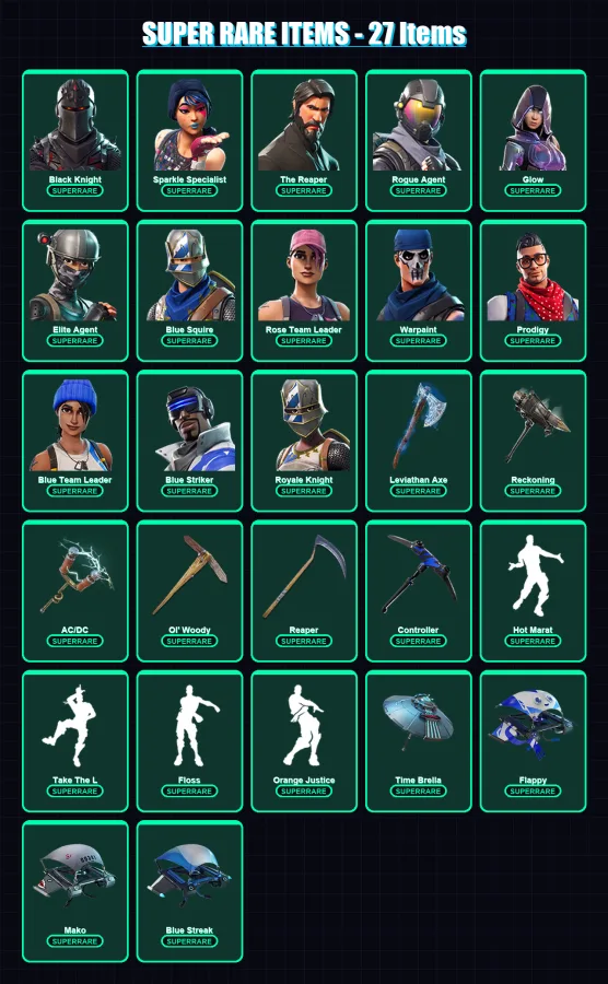[PS4/PS5/XBOX/PC] | Black Knight | Sparkle Specialist | The Reaper | Rogue Agent | Glow | 218 skin | 240 pickaxe | 196 emote | 174 glider | Lv3674