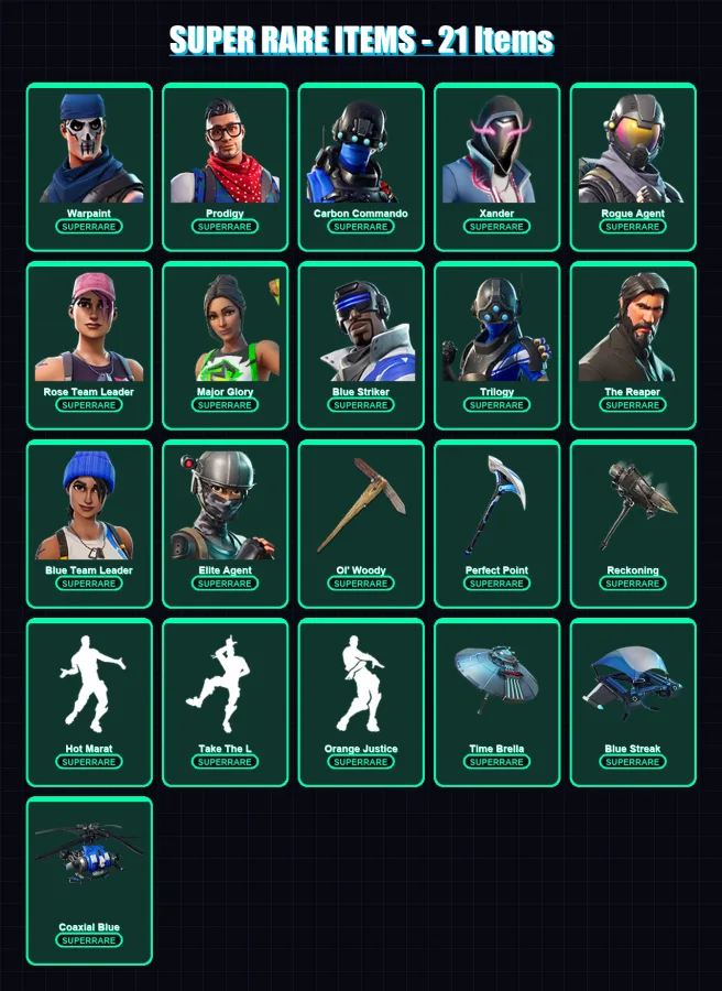 [PC/XBOX] | Warpaint | Prodigy | Carbon Commando | Xander | Rogue Agent | 130 skin | 139 pickaxe | 99 emote | 122 glider | Lv1548