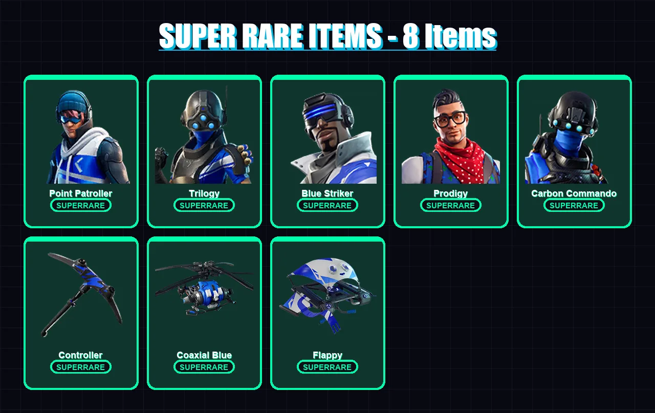 [PS4/PS5/XBOX/PC] | Point Patroller | Trilogy | Blue Striker | Prodigy | Carbon Commando | 7 skin | 6 pickaxe | 5 emote | 6 glider | Lv57