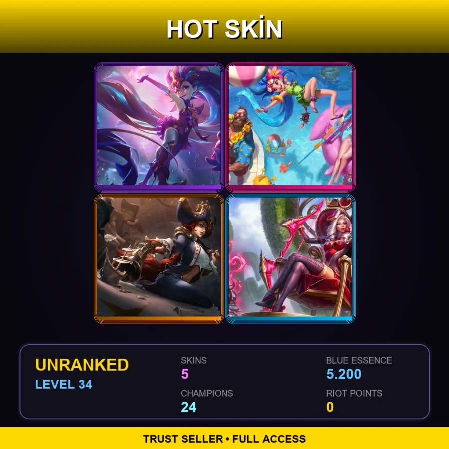 EUW | Star Guardian Zoe | Pool Party Caitlyn | Waterloo Miss Fortune | Heartseeker Ashe | 5 Skin | 24 Champ | Lv34