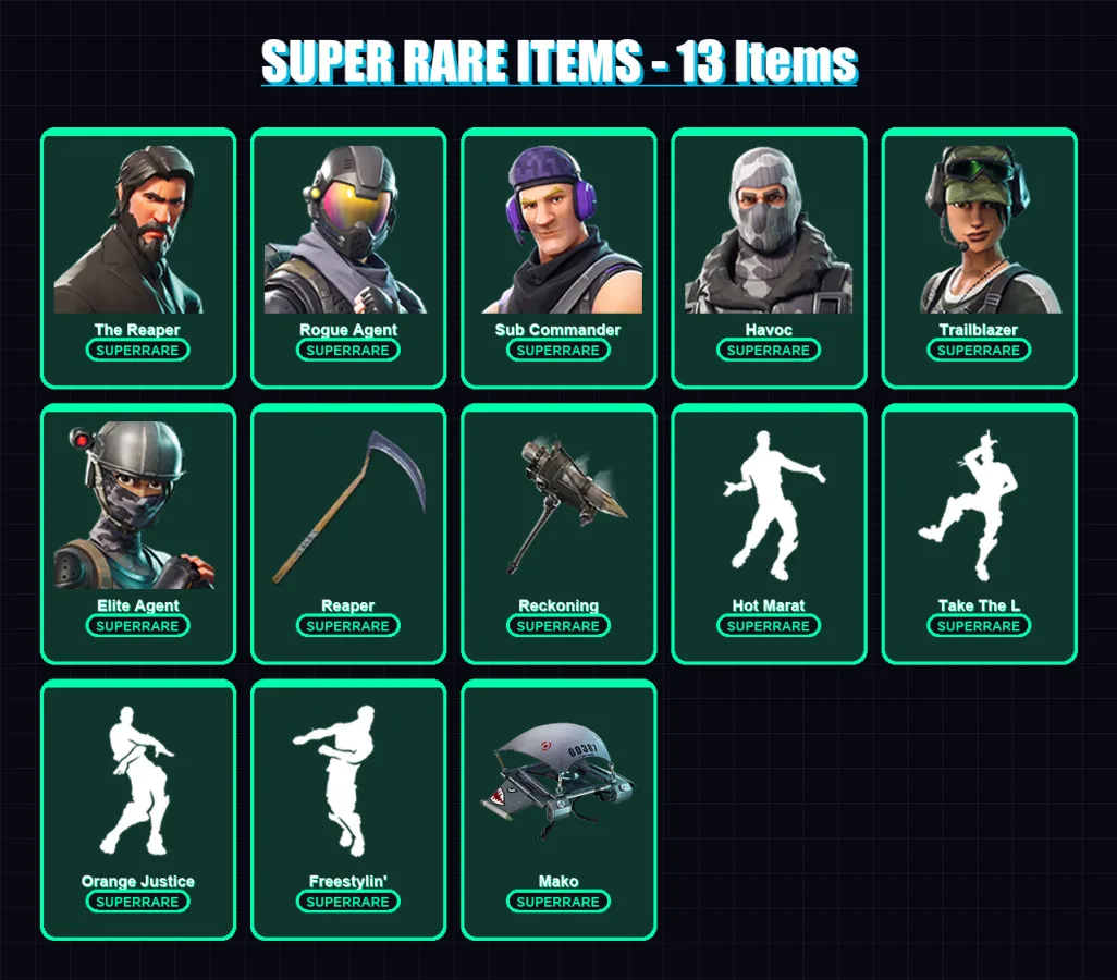 [PC/XBOX] | The Reaper | Rogue Agent | Sub Commander | Havoc | Trailblazer | 54 skin | 30 pickaxe | 43 emote | 39 glider | Lv607