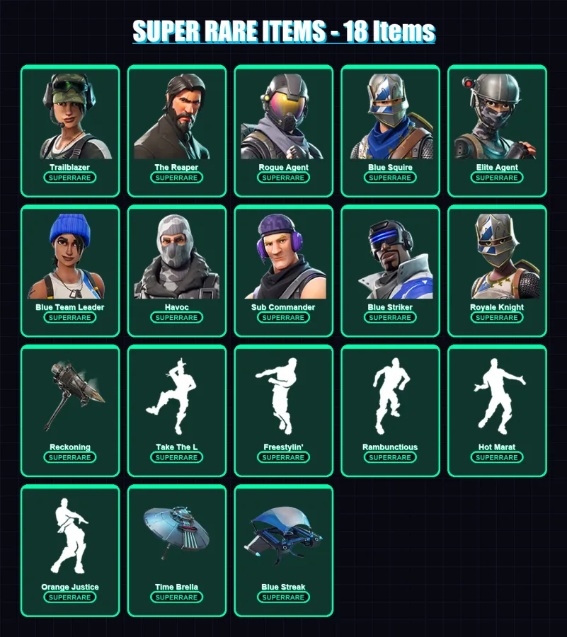 [PS4/PS5/XBOX/PC] | Trailblazer | The Reaper | Rogue Agent | Blue Squire | Elite Agent | 104 skin | 94 pickaxe | 123 emote | 105 glider | Lv1501 — Fortnite account