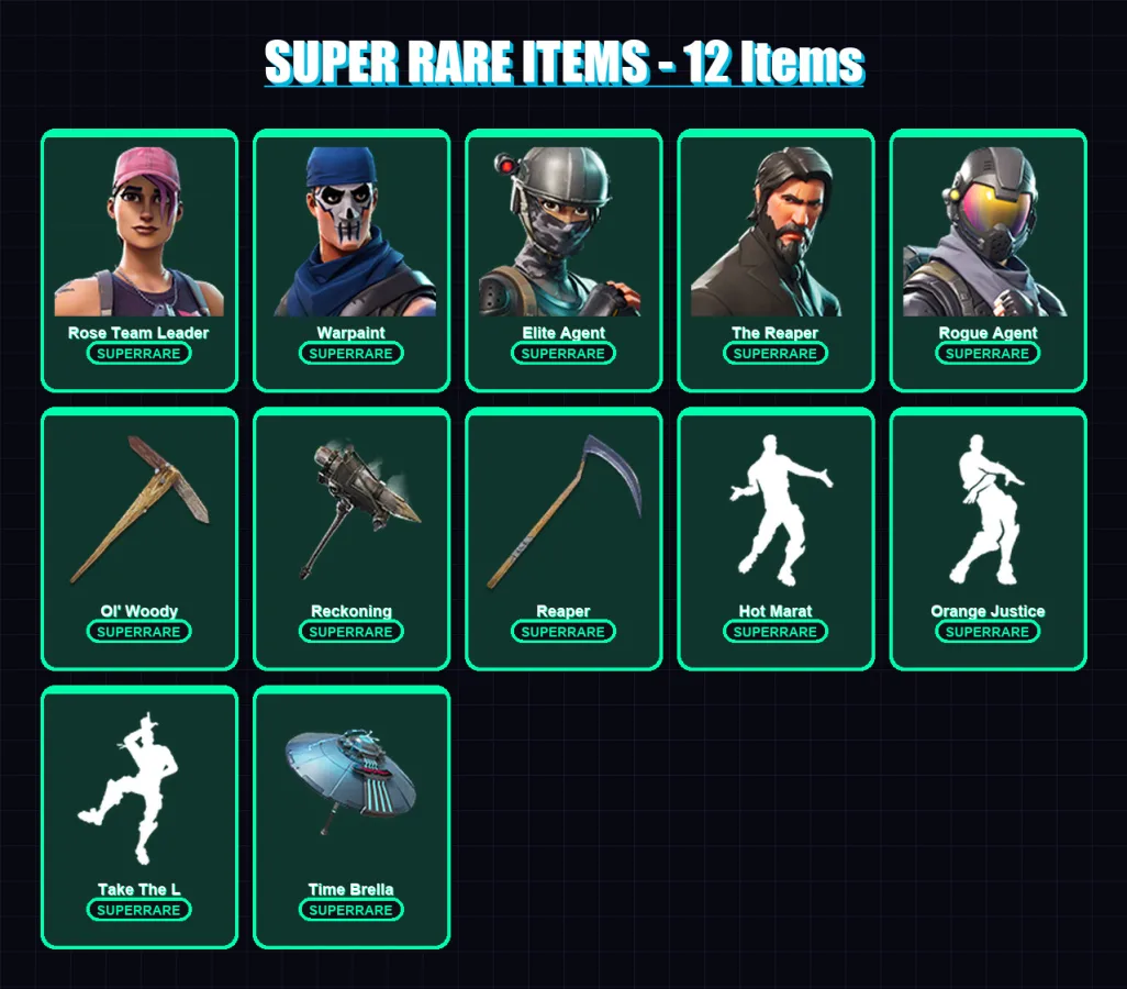 [PC/XBOX/PSN] | Rose Team Leader | Warpaint | Elite Agent | The Reaper | Rogue Agent | 58 skin | 66 pickaxe | 75 emote | 70 glider | Lv1057