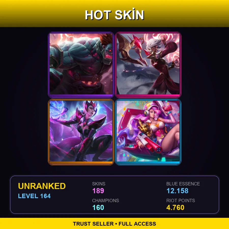 NA | Hextech Sion | Conqueror Karma | Challenger Ahri | Arcade Miss Fortune | 189 Skin | 160 Champ | Lv164