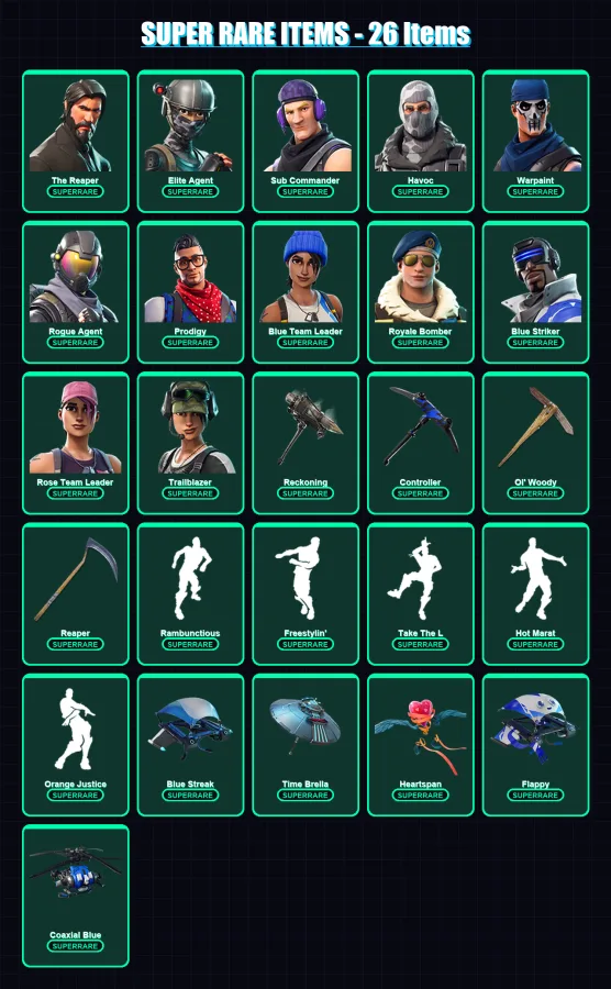 [PC] | The Reaper | Elite Agent | Sub Commander | Havoc | Warpaint | 114 skin | 85 pickaxe | 114 emote | 82 glider | Lv1164