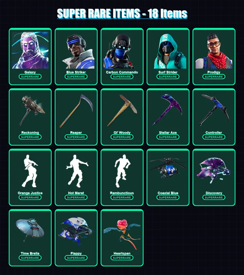 [PC/XBOX] | Galaxy | Blue Striker | Carbon Commando | Surf Strider | Prodigy | 124 skin | 149 pickaxe | 128 emote | 129 glider | Lv1746