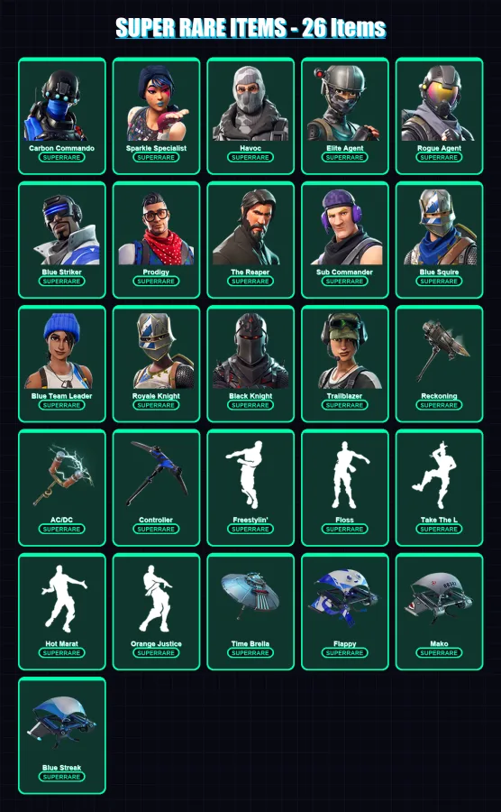[PS4/PS5/PC] | Carbon Commando | Sparkle Specialist | Havoc | Elite Agent | Rogue Agent | 64 skin | 61 pickaxe | 76 emote | 80 glider | Lv1484