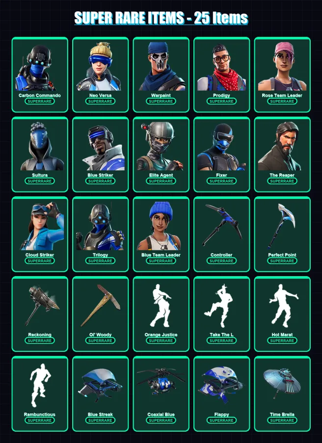 [PC/XBOX] | Carbon Commando | Neo Versa | Warpaint | Prodigy | Rose Team Leader | 211 skin | 229 pickaxe | 188 emote | 188 glider | Lv2892