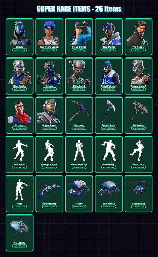 [PS4/PS5/XBOX/PC] | Sultura | Blue Team Leader | Cloud Striker | Blue Striker | The Reaper | 105 skin | 126 pickaxe | 108 emote | 110 glider | Lv158