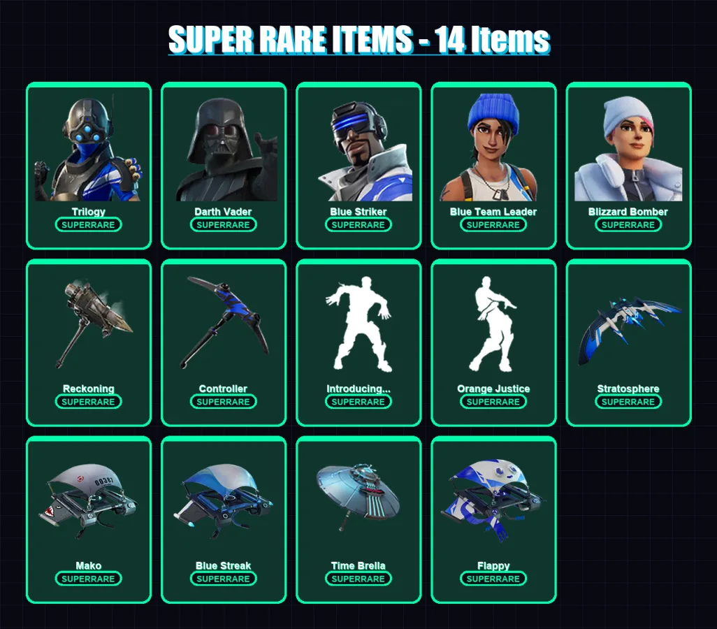 [PS4/PS5/XBOX/PC] | Trilogy | Darth Vader | Blue Striker | Blue Team Leader | Blizzard Bomber | 56 skin | 67 pickaxe | 61 emote | 70 glider | Lv1097