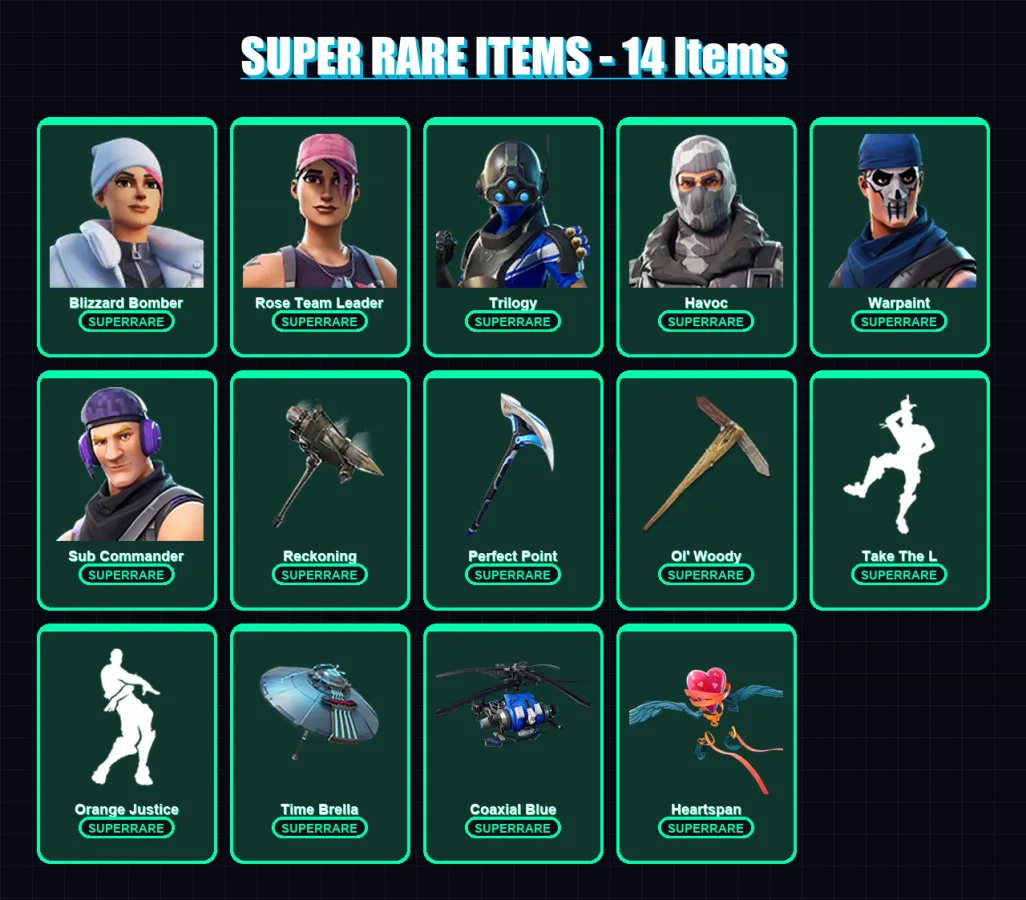 [PS4/PS5/XBOX/PC] | Blizzard Bomber | Rose Team Leader | Trilogy | Havoc | Warpaint | 61 skin | 58 pickaxe | 55 emote | 66 glider | Lv745