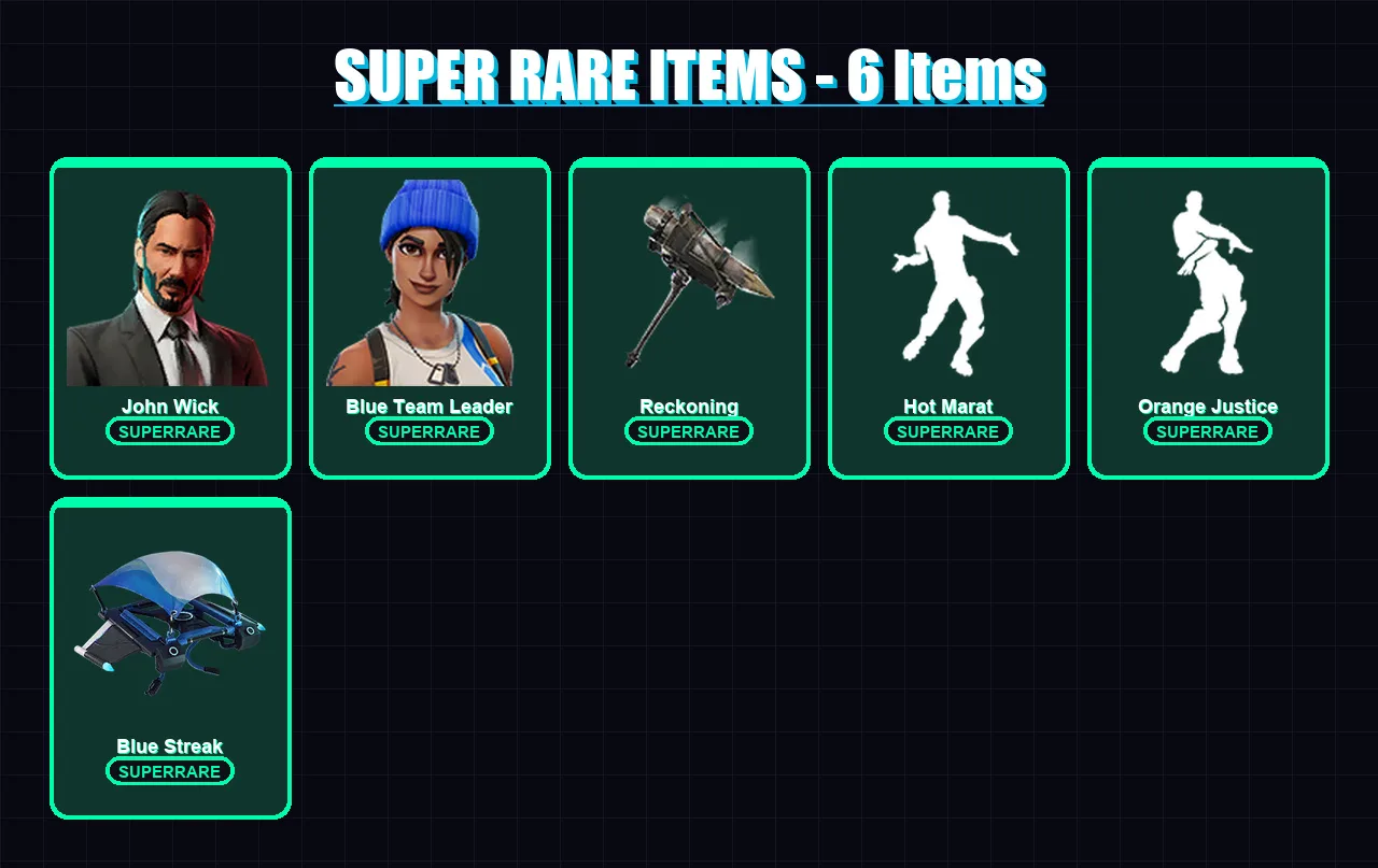 [PS4/PS5/XBOX/PC] | John Wick | Blue Team Leader | Hybrid | The Prisoner | Blackheart | 46 skin | 35 pickaxe | 48 emote | 42 glider | Lv441