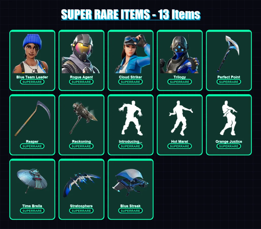 [PS4/PS5/XBOX/PC] | Blue Team Leader | Rogue Agent | Cloud Striker | Trilogy | Dire | 143 skin | 185 pickaxe | 145 emote | 176 glider | Lv2756