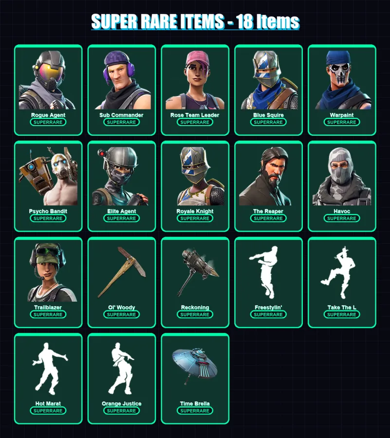 [PC/XBOX/PSN] | Rogue Agent | Sub Commander | Rose Team Leader | Blue Squire | Warpaint | 100 skin | 83 pickaxe | 87 emote | 93 glider | Lv1188
