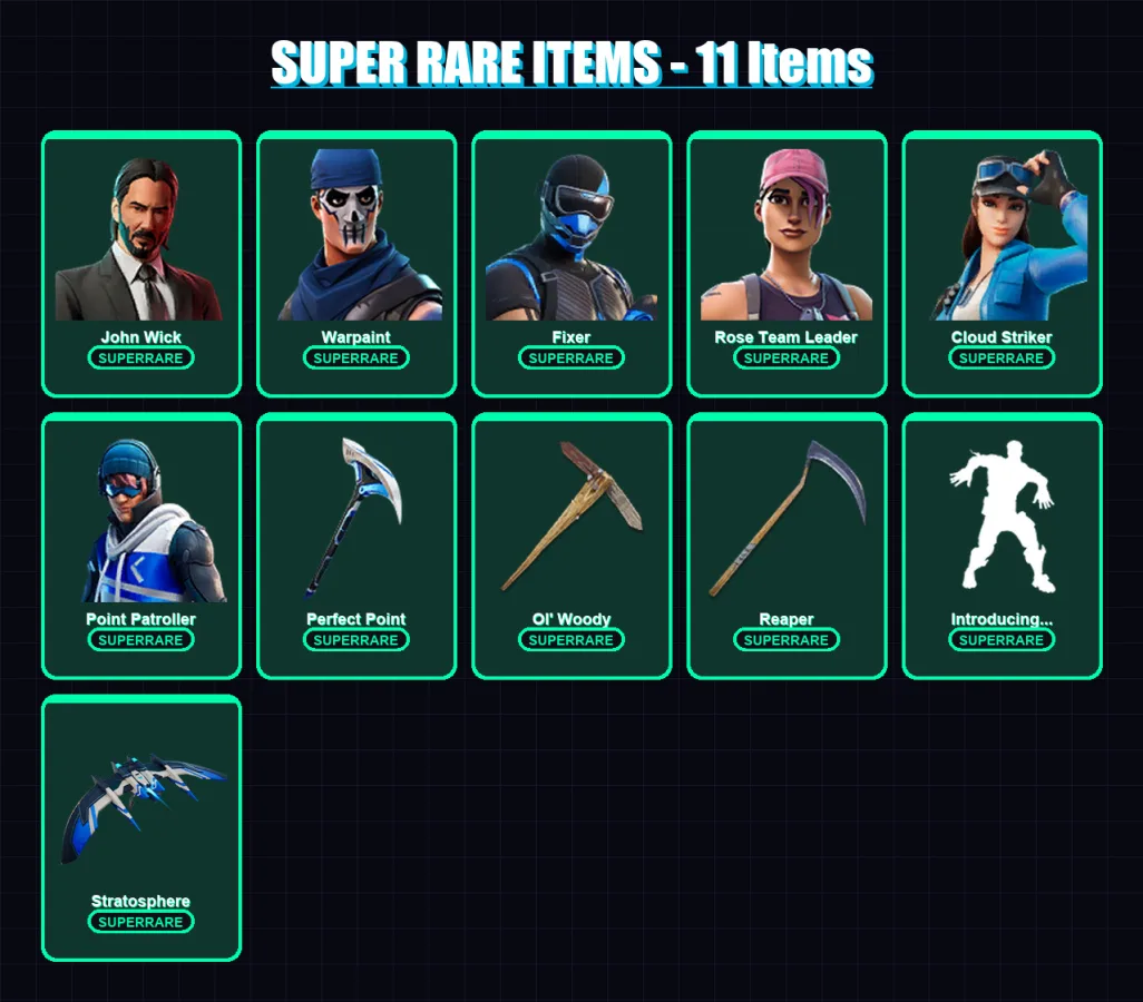 [PC/XBOX] | John Wick | Warpaint | Fixer | Rose Team Leader | Cloud Striker | 115 skin | 108 pickaxe | 110 emote | 90 glider | Lv1366