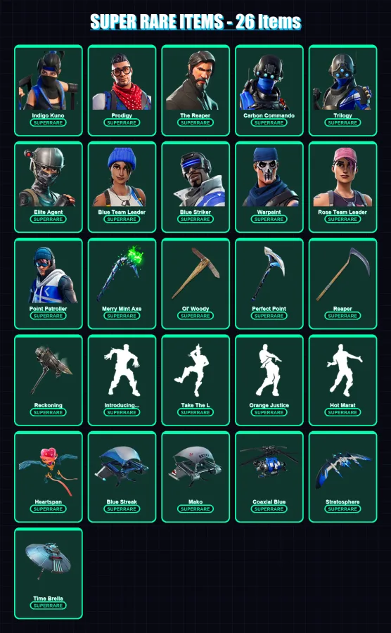 [PC/XBOX/PSN] | Indigo Kuno | Prodigy | The Reaper | Carbon Commando | Trilogy | 197 skin | 227 pickaxe | 174 emote | 206 glider | Lv3883