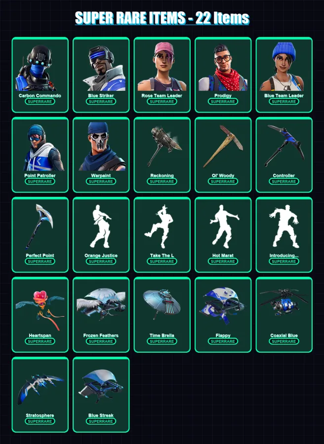 [PC/XBOX] | Carbon Commando | Blue Striker | Rose Team Leader | Prodigy | Blue Team Leader | 114 skin | 90 pickaxe | 111 emote | 104 glider | Lv1239