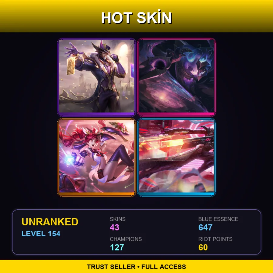 TR | Victorious Twisted Fate | Dark Star Shaco | Star Guardian Jinx | PROJECT: Lucian | 43 Skin | 127 Champ | Lv154