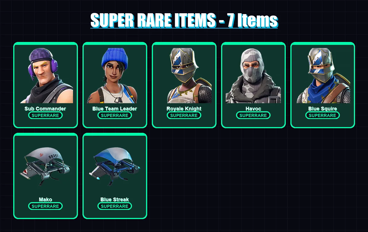 [PC/XBOX/PSN] | Sub Commander | Blue Team Leader | Royale Knight | Havoc | Blue Squire | 5 skin | 3 pickaxe | 9 emote | 9 glider | Lv134