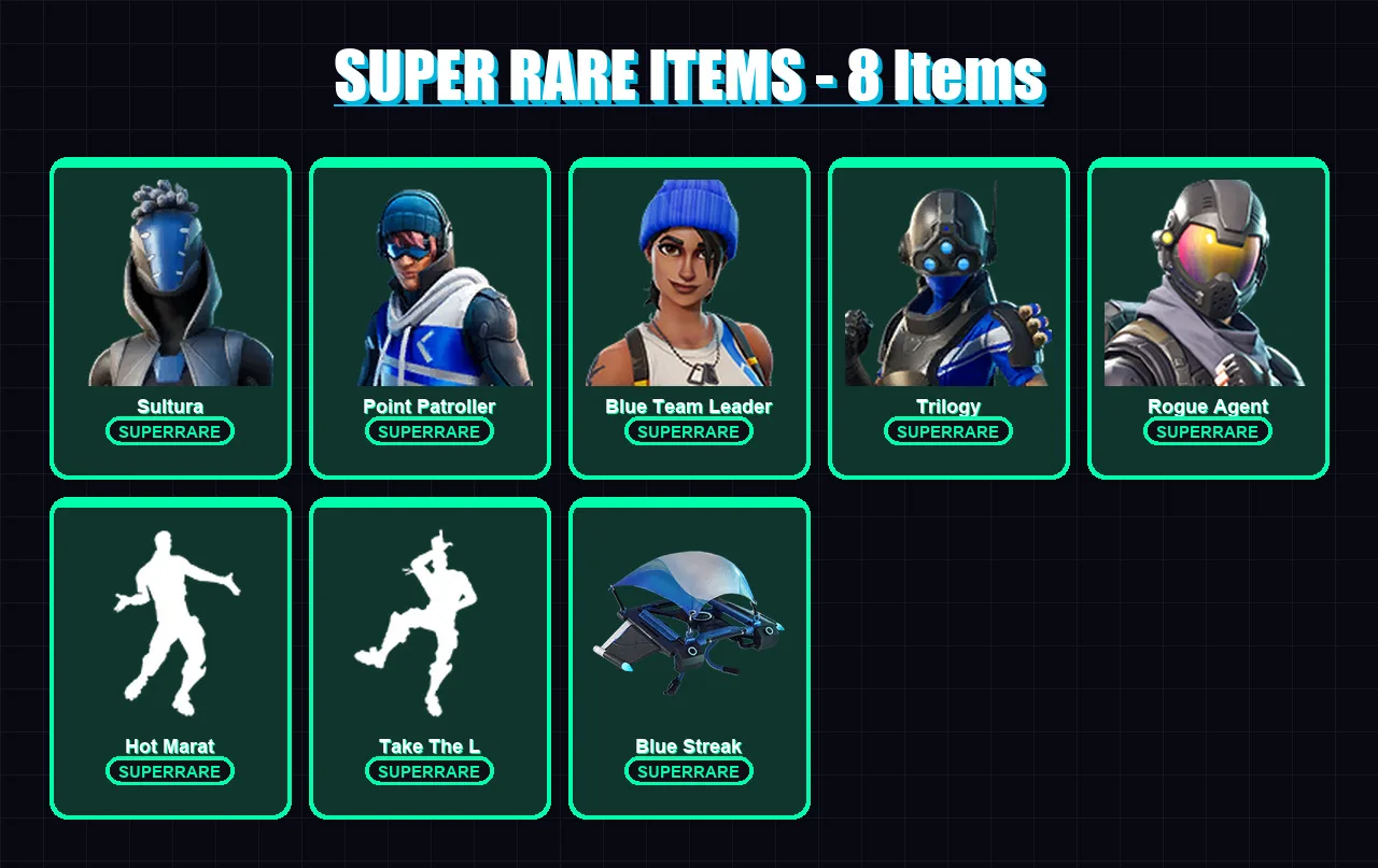 [PC/XBOX/PSN] | Sultura | Point Patroller | Blue Team Leader | Trilogy | Rogue Agent | 54 skin | 66 pickaxe | 47 emote | 60 glider | Lv758