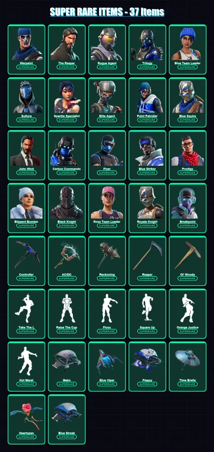 [PS4/PS5/XBOX/PC] | Warpaint | The Reaper | Rogue Agent | Trilogy | Blue Team Leader | 190 skin | 121 pickaxe | 120 emote | 122 glider | Lv1560