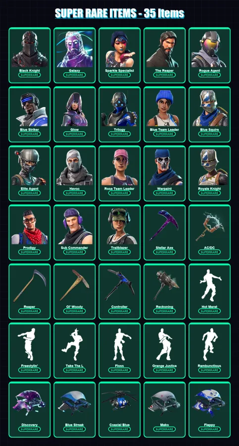 [PS4/PS5/XBOX/PC] | Black Knight | Galaxy | Sparkle Specialist | The Reaper | Rogue Agent | 147 skin | 108 pickaxe | 96 emote | 95 glider | Lv1444
