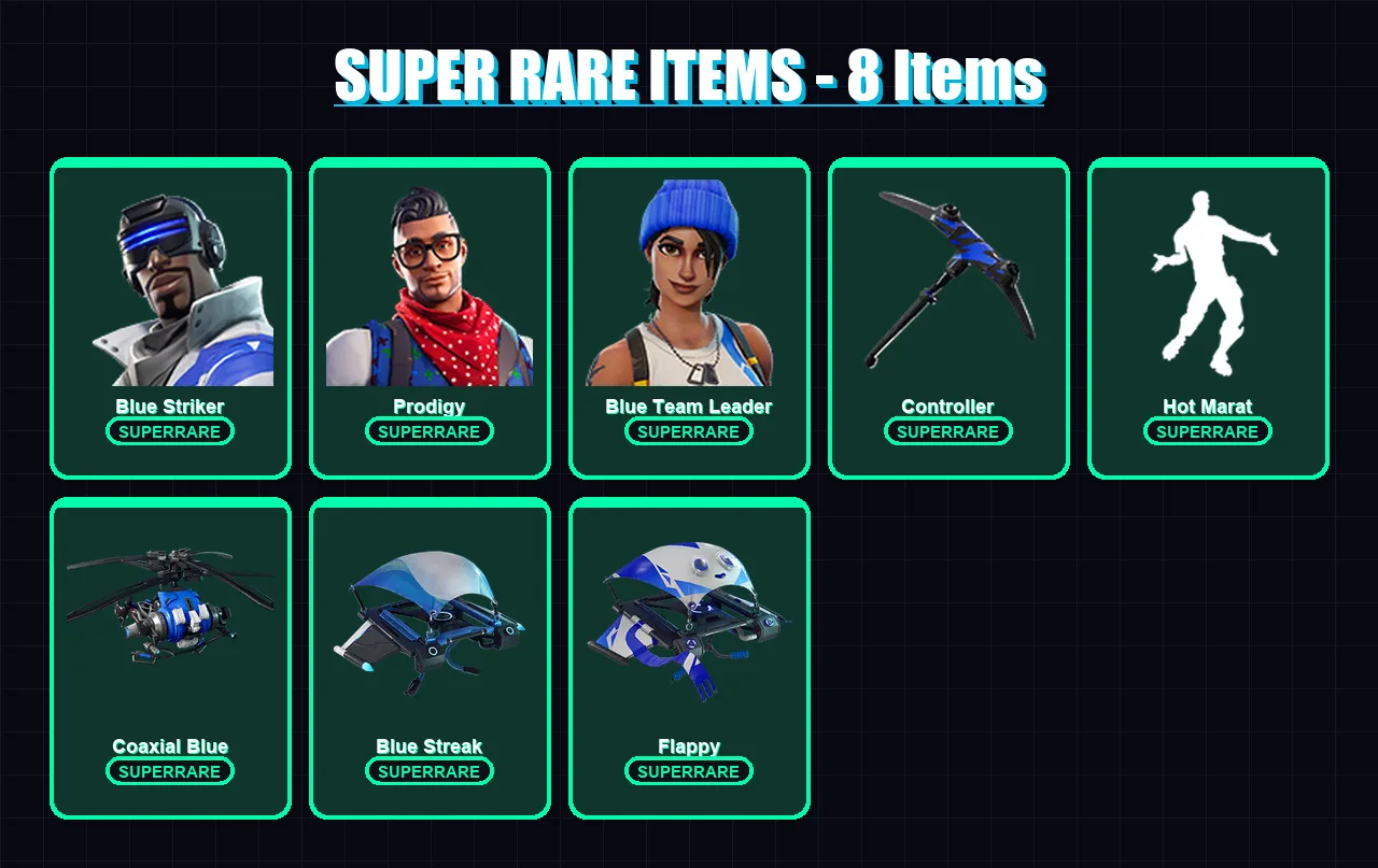 [PS4/PS5/XBOX/PC] | Blue Striker | Prodigy | Blue Team Leader | Hairpin | Glacial Dummy | 7 skin | 35 pickaxe | 14 emote | 24 glider | Lv224