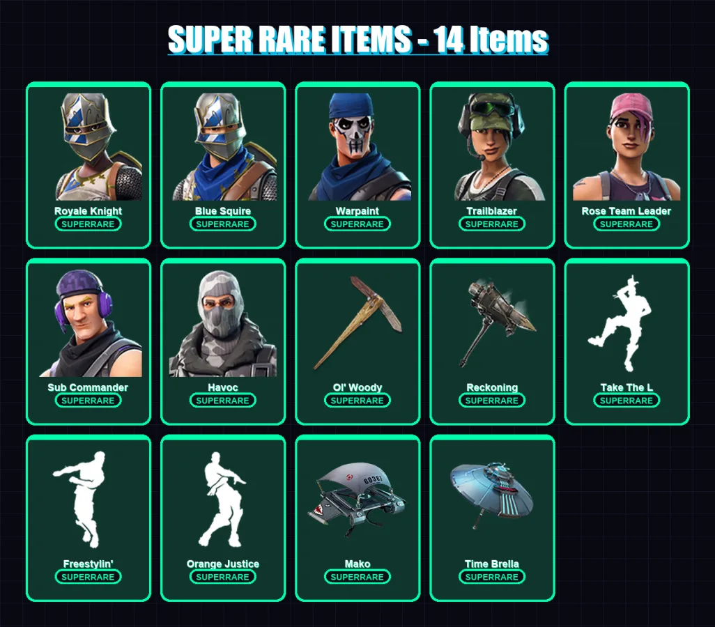 [PC/XBOX/PSN] | Royale Knight | Blue Squire | Warpaint | Trailblazer | Rose Team Leader | 69 skin | 44 pickaxe | 52 emote | 56 glider | Lv620