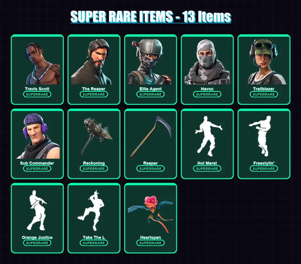 [PC/XBOX/PSN] | Travis Scott | The Reaper | Elite Agent | Havoc | Trailblazer | 110 skin | 81 pickaxe | 81 emote | 74 glider | Lv1136